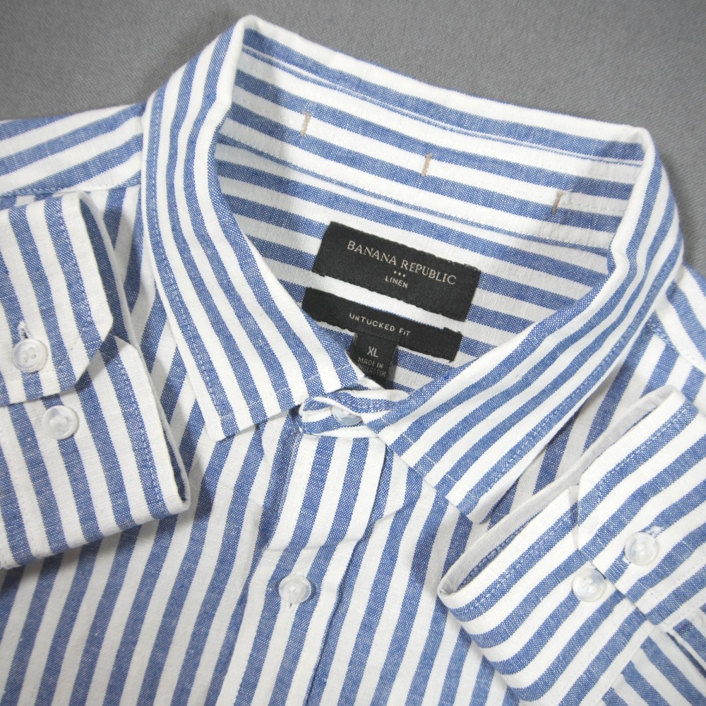 Banana Republic Linen Cotton Untucked Stripe Nautical Slim Fit Striped Shirt XL